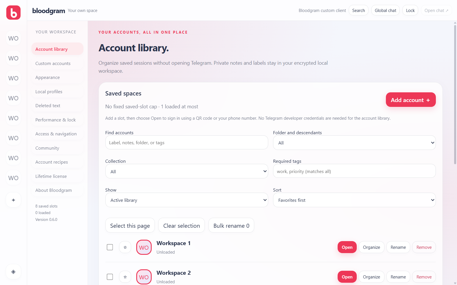 Bloodgram account library with searchable saved slots and open, unload, rename, and remove controls
