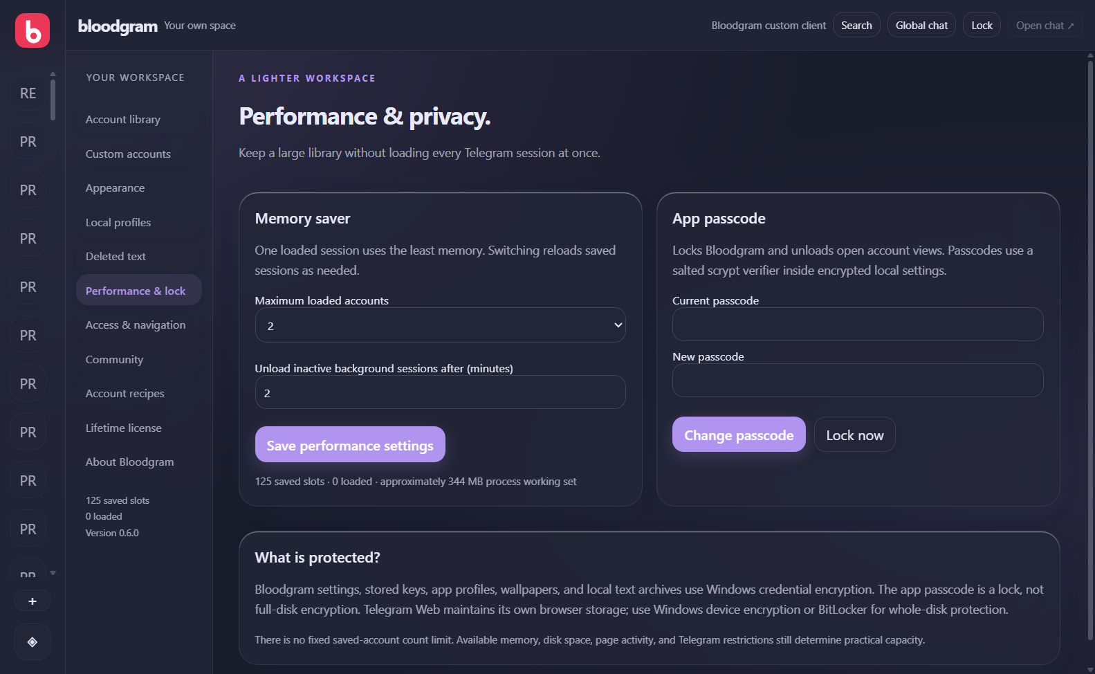 Bloodgram dark performance settings and app-passcode controls